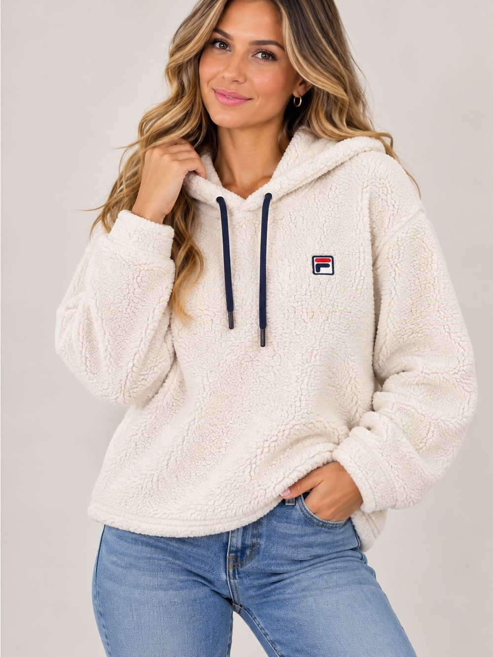FILA Cream Sherpa Hoodie with Navy Drawstrings